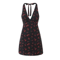 Halter neck mini dress in black with red cherry print featuring a deep V-neck and open back - S / Black Cherry Print (LF1311)