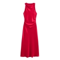 Rotes ärmelloses Satin-Midikleid mit Wasserfall-Ausschnitt und geraffter Taillenpartie - XS / Rot
