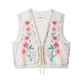 Damen-Weste in Creme aus Baumwolle mit Blumenstickerei und Spitzenbesatz, flach liegend - S / Bedruckt