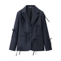 Dunkelblauer Oversized Damen Blazer mit dekorativen Schleifen und Reverskragen - S / Schwarz