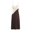 Asymmetrical satin midi slip dress in cream and dark coffee color block design - XS / Brown