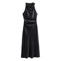 Detail of elegant black satin midi dress featuring a draped cowl neck and side pleats - Black