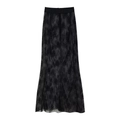 Elegant black hollow floral lace maxi skirt with a wide elastic waistband in a flat lay view - S / Black Midi Skirt
