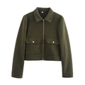 Chaqueta corta de tweed para mujer en verde oliva oscuro con cremallera y bolsillos - Verde Oscuro