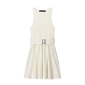 Elegante abito midi senza maniche crema con corpino in maglia e cintura in vita - S / Bianco latte