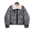 Giacca da motociclista grigia in pelle scamosciata con colletto in sherpa crema - XS / Grigio