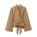 Detail of khaki long sleeve blouse with waist wrap design and elegant large bow tie - XS / Camel