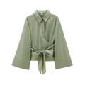 Saliegroene blouse met lange mouwen, reverskraag en grote strik aan de voorzijde - XS / Legergroen