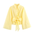 Short yellow bell sleeve shirt with wide bow tie waist and notched lapel for women - Yellow