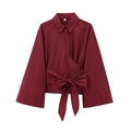 Dieprode blouse met lange mouwen en een wikkelstrik-ontwerp bij de taille - XS / Bordeauxrood