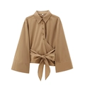 Chique kaki damesoverhemd met lange mouwen, elegante taille strik en brede manchetten - XS / Khaki