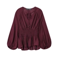 Elegante camicetta rosso vino con scollo a V, vita arricciata e maniche a sbuffo su bianco - XS / Borgogna