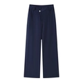 Pantalón de mujer azul oscuro de pierna ancha con cintura cruzada asimétrica y botón - S / Pants / Azul oscuro