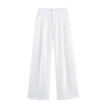 Detail of high-waisted white linen trousers featuring pleats and side pockets - White Pants