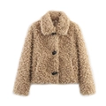 Faux fur teddy jacket for women with large lapel and black buttons in light beige - XS / Dark Brown