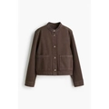 Brown twill canvas work jacket with stand collar and large pockets in flat lay view - S / Dark Brown