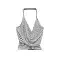 Close-up of high-density silver sequins on a sexy deep V-neck halter party top - XS / Silver