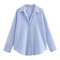 Camisa de verano para mujer a rayas con cuello clásico y un corte holgado informal - XS / Rayas azules y blancas