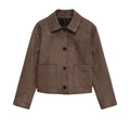 Chaqueta corta de gamuza sintética marrón oscuro con cuello clásico y cierre de botones - XS / Marrón Oscuro