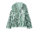 Détail du haut cache-cœur à paillettes vert menthe montrant le tissu et la ceinture - Vert