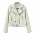 Detail of off-white PU biker jacket showing lapels, zippers, and XS size label - XS / Tops / White