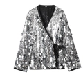 Détail du haut cache-cœur à paillettes argentées avec un nœud en satin noir - Argent