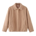 Chaqueta de forro polar camel para mujer con cuello de solapa y dobladillo elástico - S / Tostado