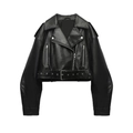 Klassische schwarze Bikerjacke aus Kunstleder mit Reißverschluss und verstellbarem Gürtel - S / Schwarz