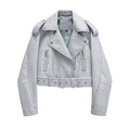 Short light gray faux leather biker jacket with asymmetrical zipper and metal belt - S / Light Blue