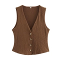Women's dark brown V-neck textured single-breasted vest with front button closure - XS / Dark Brown Top
