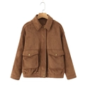 Women's tan faux suede bomber jacket with utility pockets and elastic hem design - XS / Tan