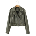 Short vintage dark green faux leather biker jacket with asymmetrical zipper and belt - S / Dark Green