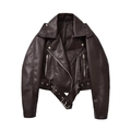 Women's vintage dark brown washed PU leather moto jacket with metal belt detail - Chocolate