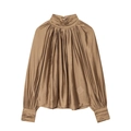 Elegante blusa de satén bronce de manga larga con cuello alto drapeado y puños plisados - XS / Marrón