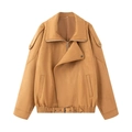 Brown faux suede biker jacket with asymmetrical zipper and lapel collar on white background - Tan