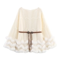 Top in maglia bianco crema con spalle scoperte, motivi traforati, ecopelliccia e cintura sottile - S / Bianco Sporco