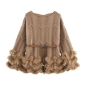 Top in maglia marrone scollo a barca con bordi in ecopelliccia e cintura abbinata - S / Cachi