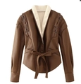 Vintage-Kunstlederjacke in Braun mit cremefarbenem Lammfellkragen und Schnürung am Ärmel - Braun Verdickt