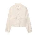 Giacca bomber color crema con collo rotondo, tasche a toppa e bordi a costine da donna - S / Bianco