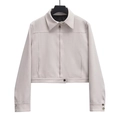 Short beige long sleeve zipper jacket for women with lapel collar and metal buckle hem - XS / Off White