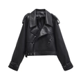 Detail of black PU leather biker jacket with wide lapels, epaulettes and metal eyelet belt - S / Tops / Black