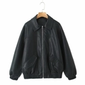 Oversized schwarze PU-Leder-Baseballjacke für Herren mit Reißverschluss und Gummizug - S / Schwarz