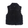 Dettaglio del gilet in ecopelliccia nera con trama morbida, ampi revers e etichetta taglia S - Taglia S / Nero