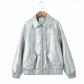 Silberne Kunstleder-Baseballjacke im Oversize-Look mit Metallic-Finish und Reißverschluss - S / Silber