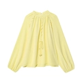 Elegant pale yellow lantern sleeve blouse with ruffled stand collar and drawstring - XS / Yellow