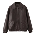 Braune Vintage Lederjacke im Oversize-Stil mit Reißverschluss und Rippbündchen - S / Dunkelbraun