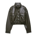 Giacca da moto vintage in ecopelle verde oliva con collo alto e tasche cargo - XS / Verde