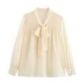 Elegante camicia in chiffon bianco crema a maniche lunghe con fiocco e dettagli pieghettati - XS / Albicocca