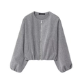 Chaqueta bomber gris de moda con cuello redondo y textura suave de tweed para mujer - XS / Gris