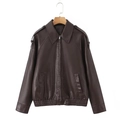 Vintage dark brown faux leather motorcycle jacket with lapel and zip closure - XS / Brown